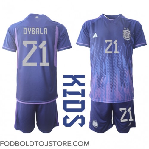 Argentina Paulo Dybala #21 Udebanesæt Børn VM 2022 Kortærmet (+ Korte bukser)